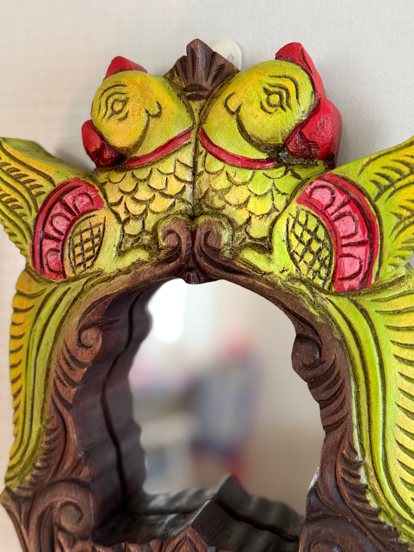 Chettinad Carving Hand Mirror - Green Twin Parrots