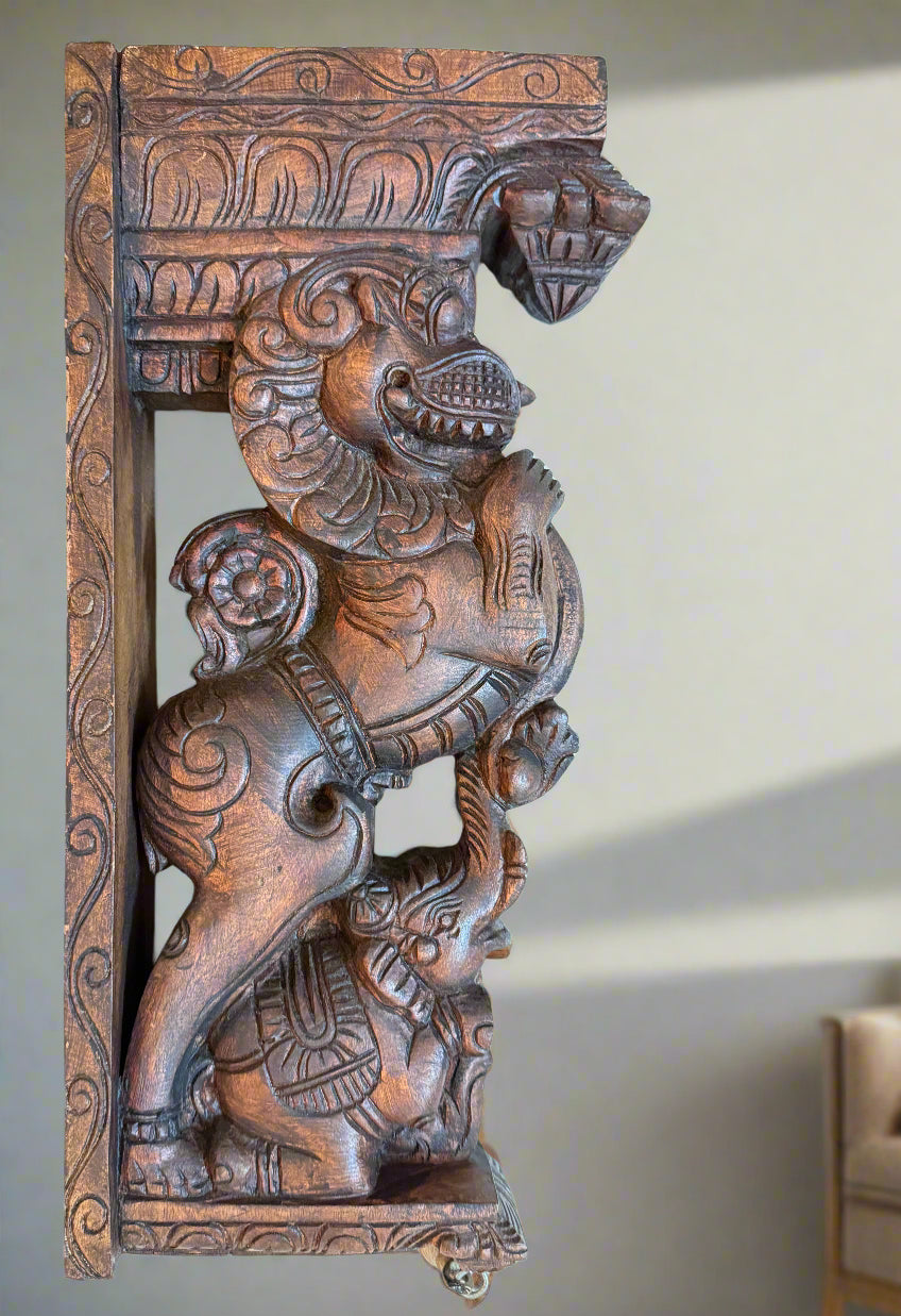 Hand Carved Yazhi (Yali) & Elephant Wall Bracket - Single