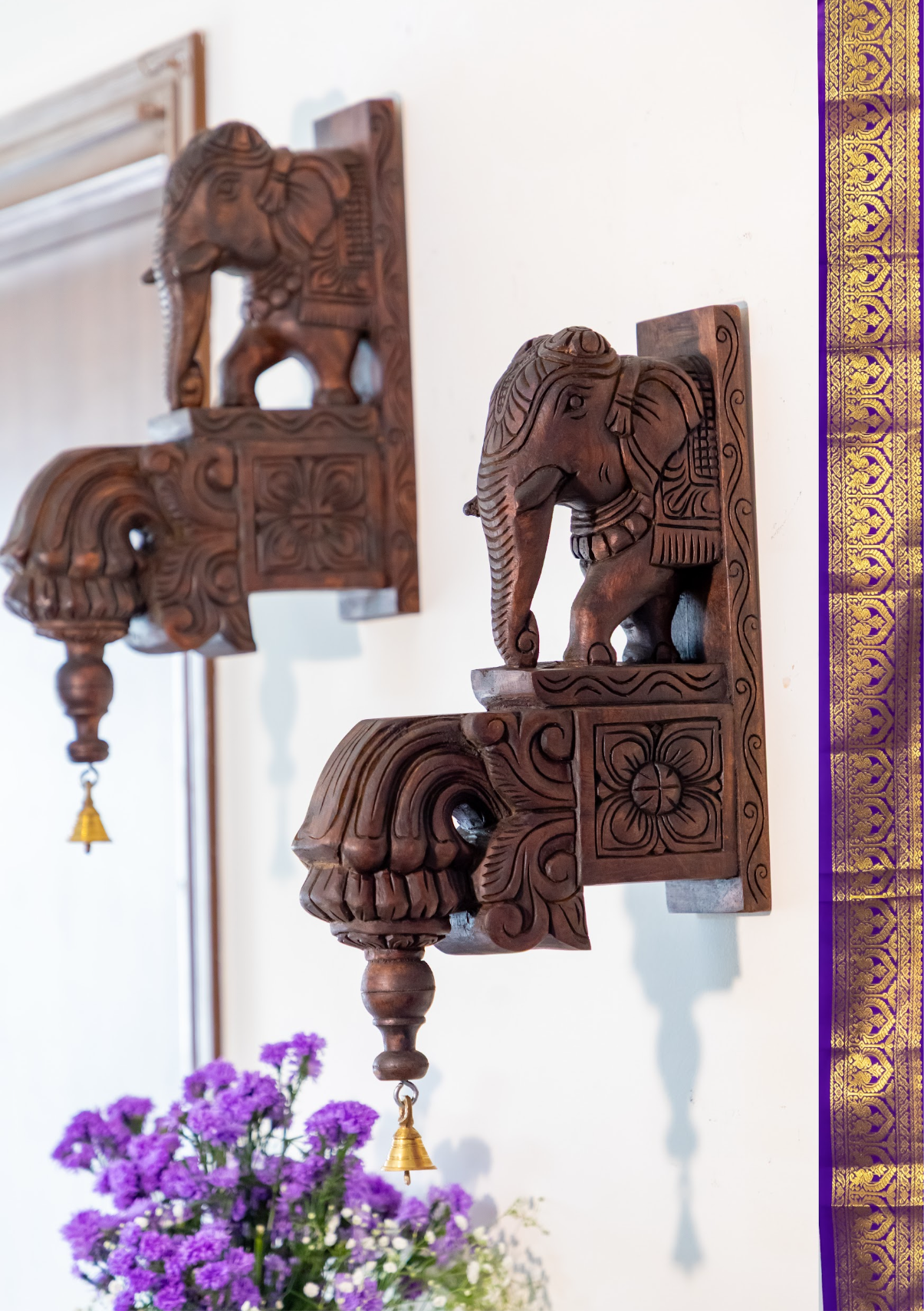 Hand Carved Elephant & Floral Motif - Set of 2
