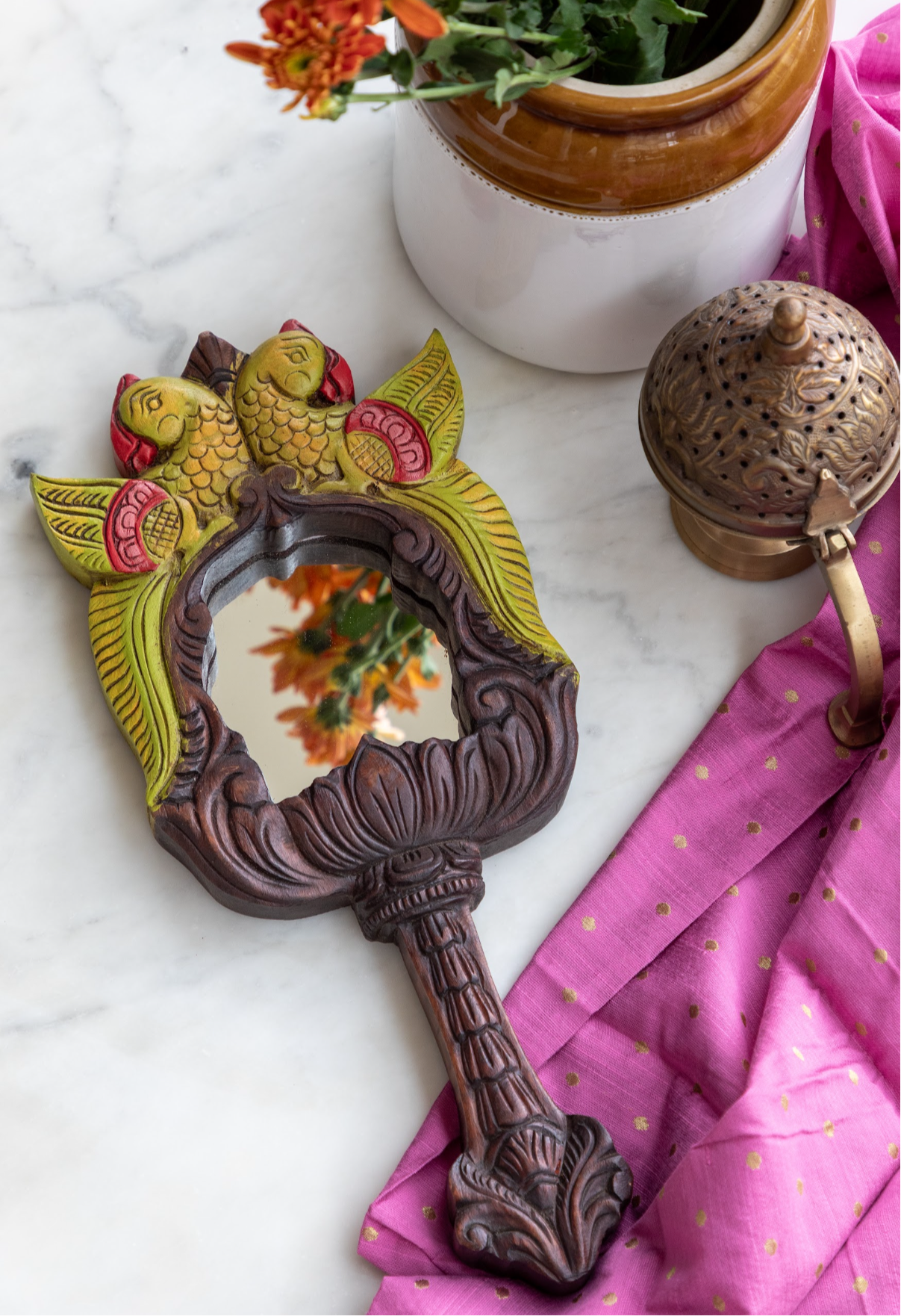 Chettinad Carving Hand Mirror  - Green Twin Parrots