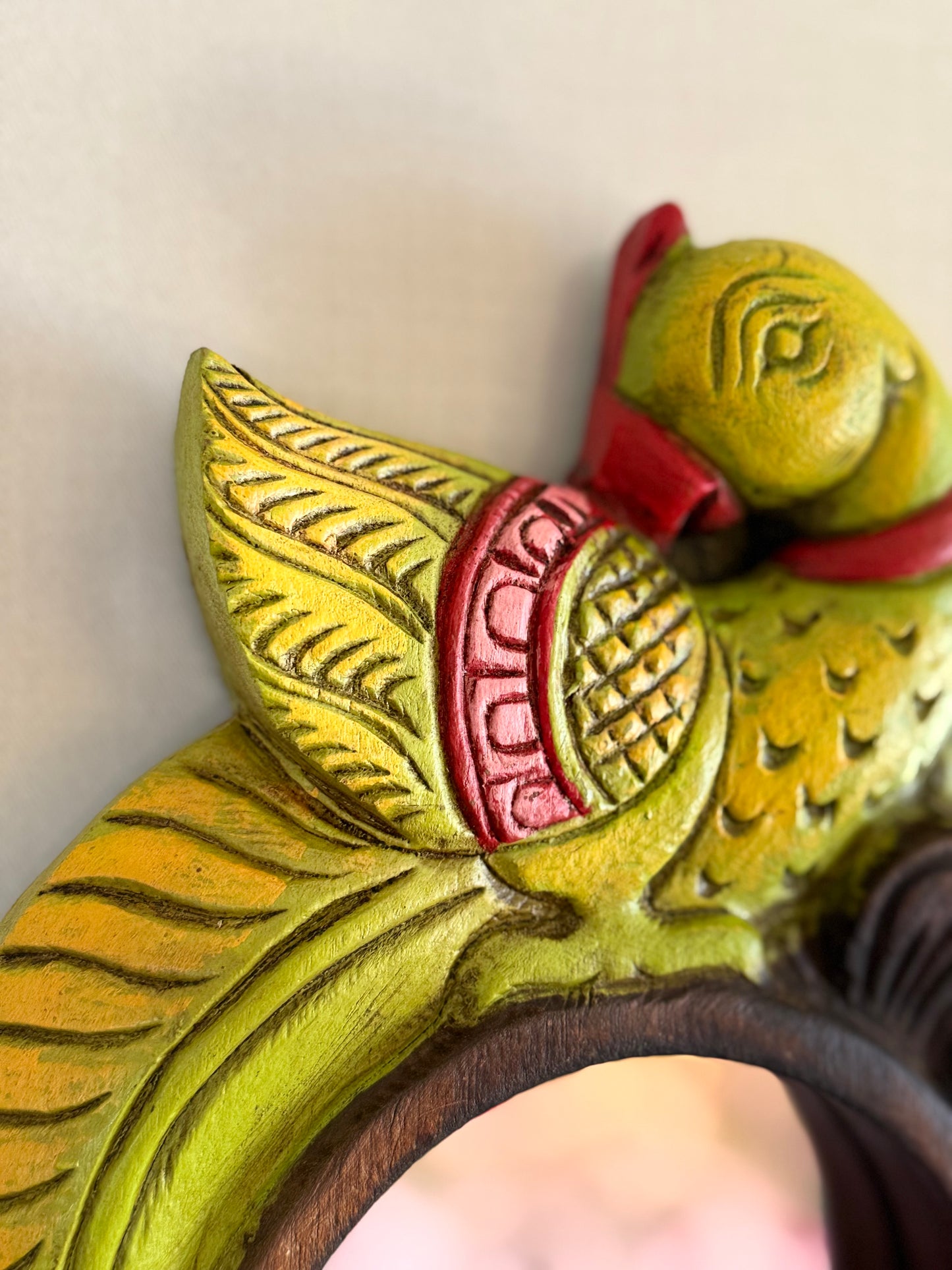 Chettinad Carving Hand Mirror  - Green Parrot