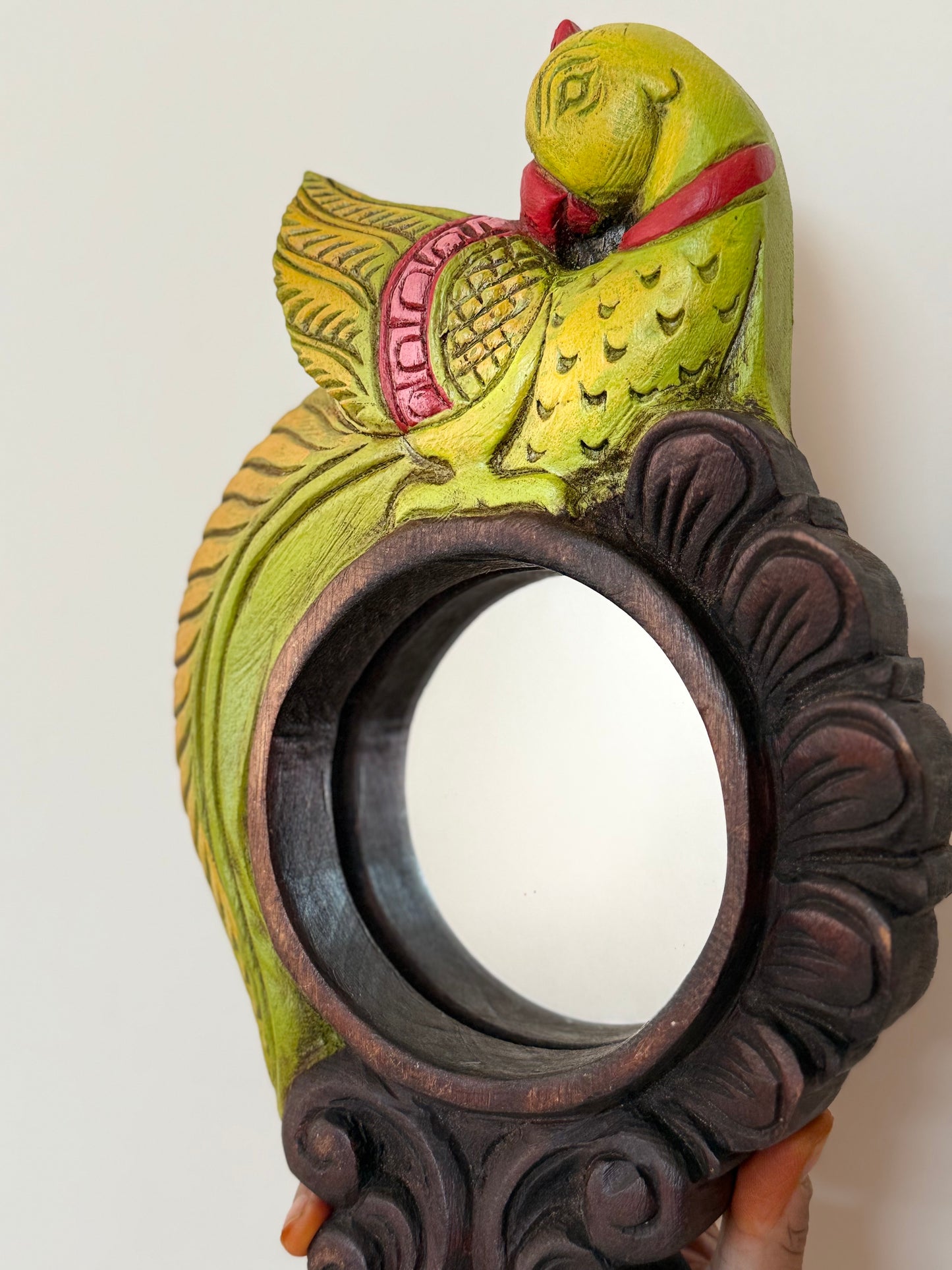 Chettinad Carving Hand Mirror  - Green Parrot