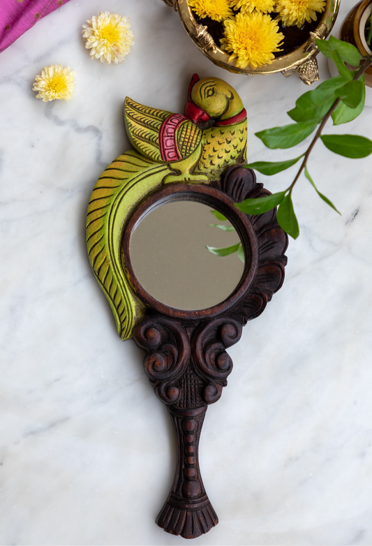 Chettinad Carving Hand Mirror  - Green Parrot