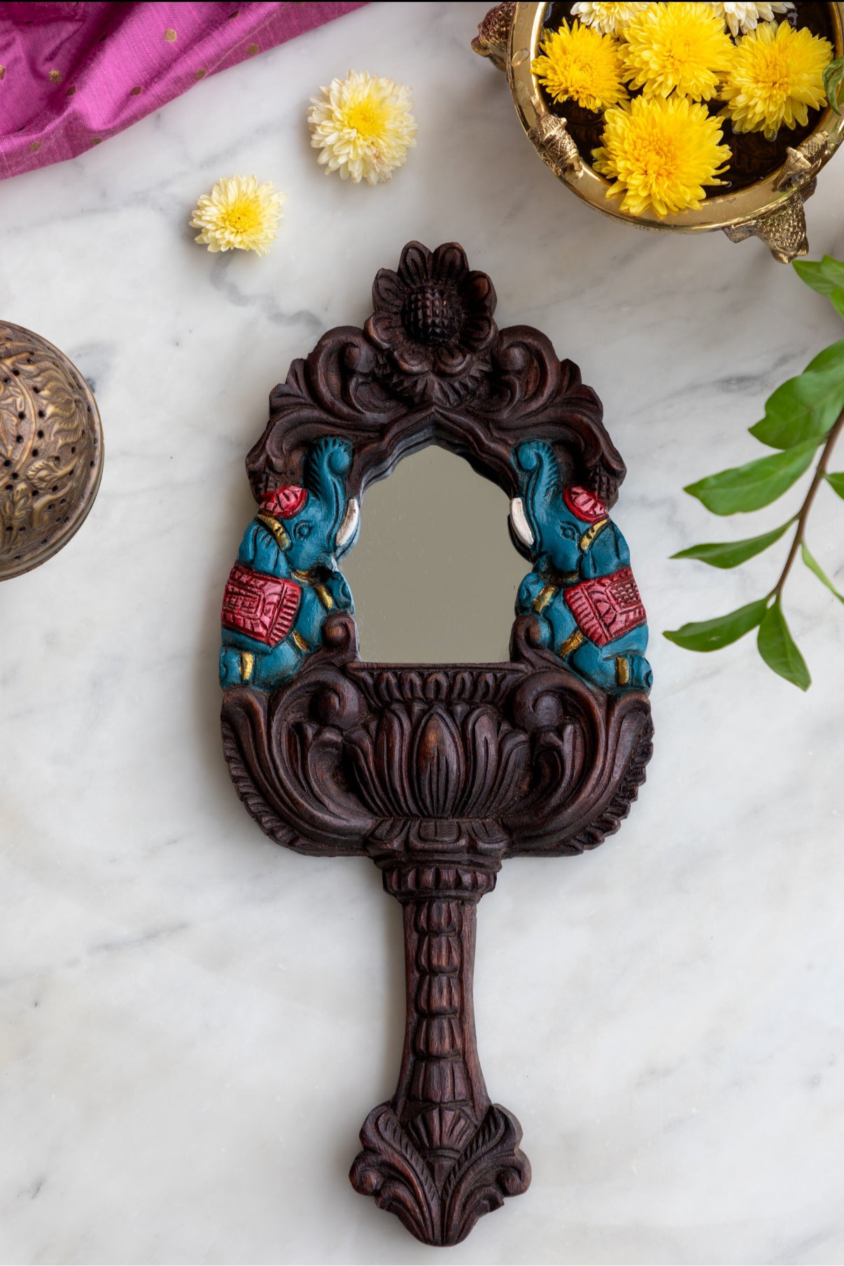 Hand Mirror  - Blue Twin Elephants