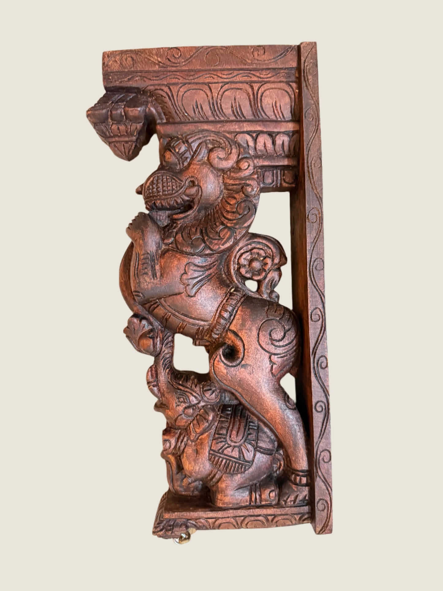 Hand Carved Yazhi (Yali) & Elephant Wall Bracket - Set of 2