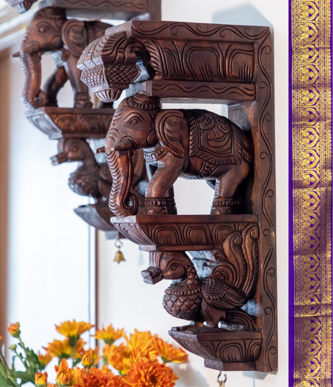 Hand Carved Elephant & Wall Bracket - Set of 2