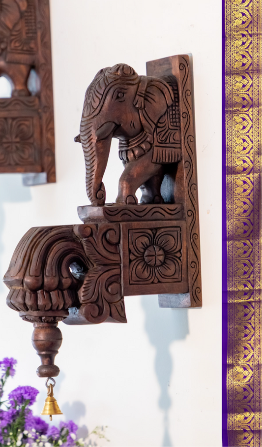 Hand Carved Elephant & Floral Motif - Set of 2