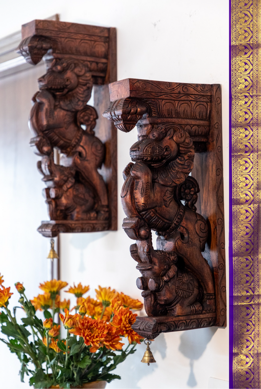 Hand Carved Yazhi (Yali) & Elephant Wall Bracket - Set of 2