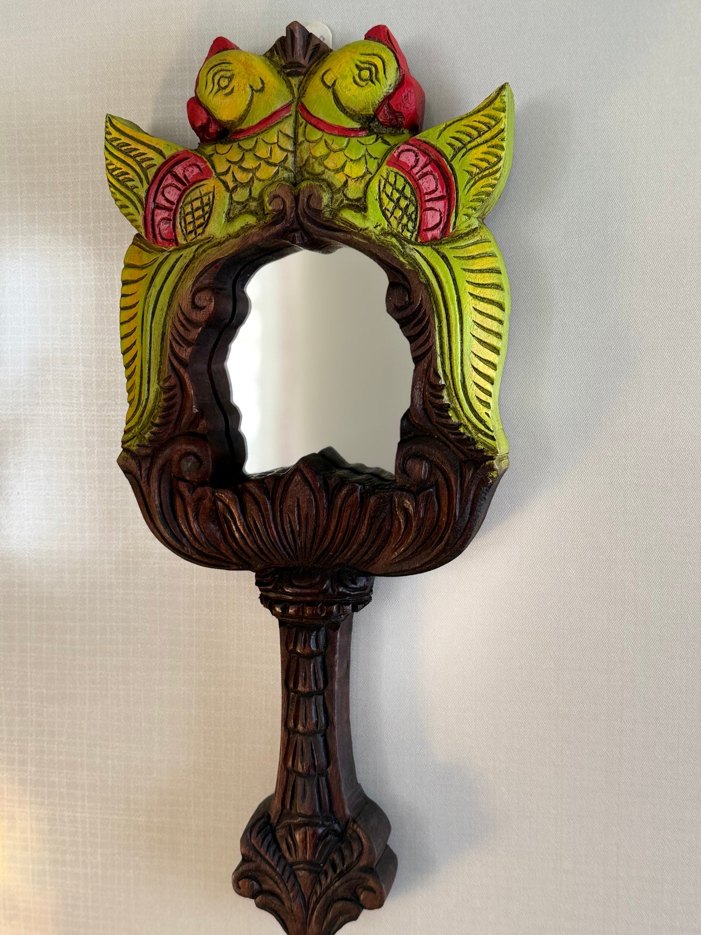 Chettinad Carving Hand Mirror  - Green Twin Parrots