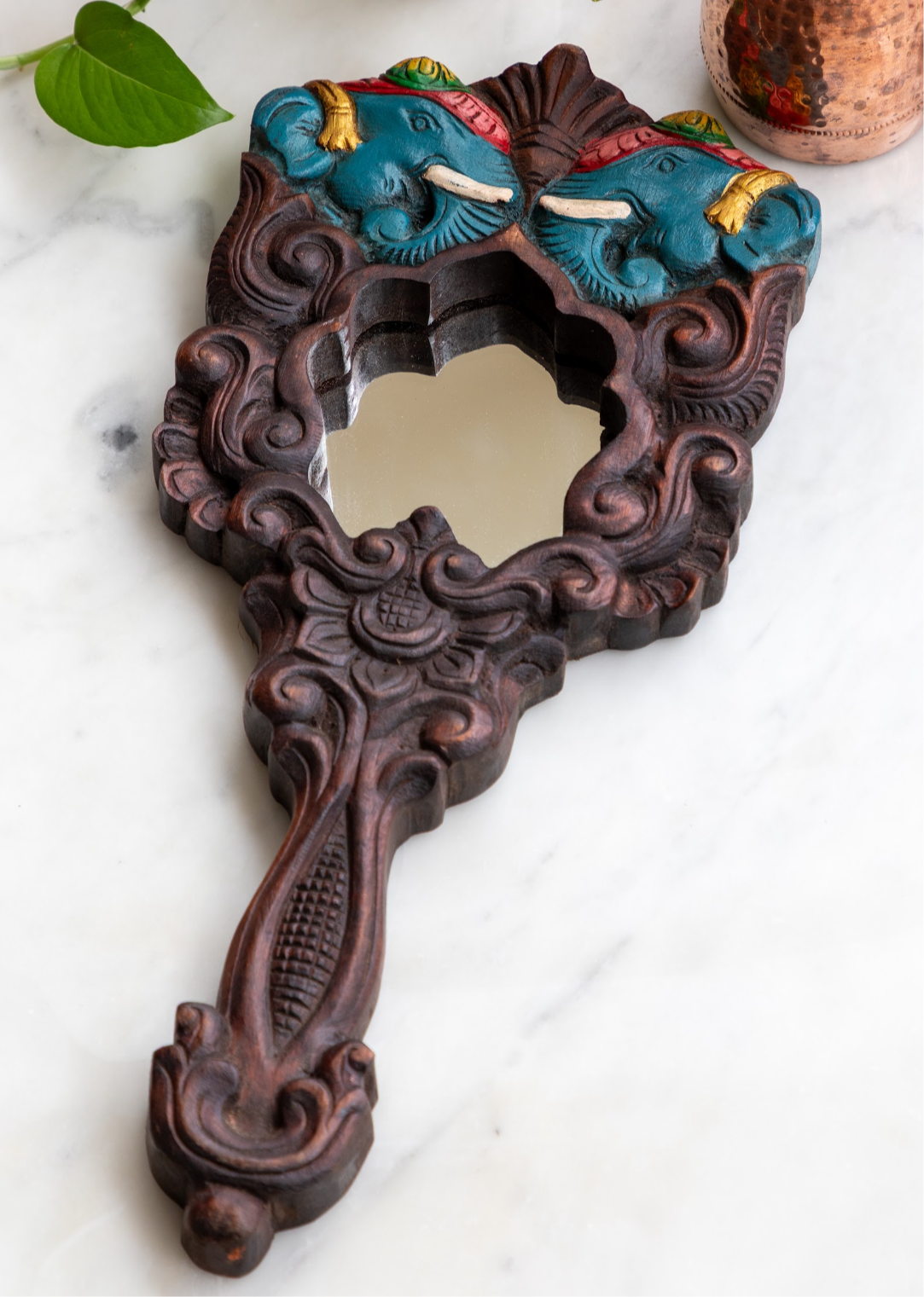 Hand Mirror  - Blue Twin Elephants at the Side