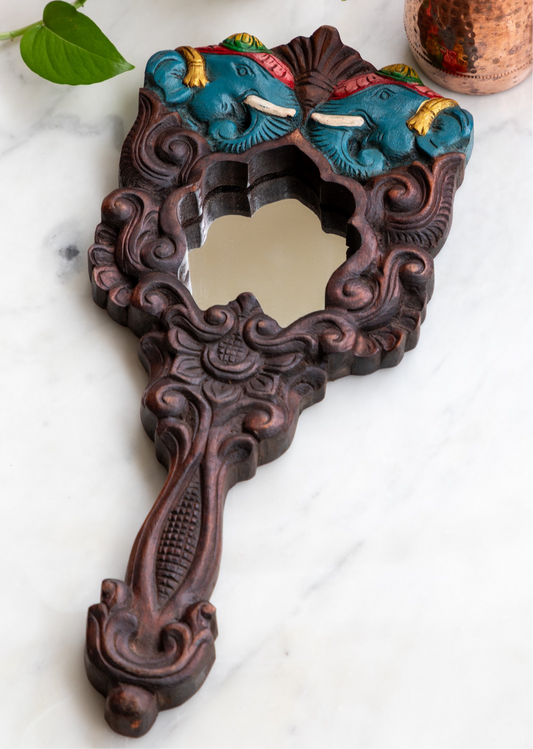 Hand Mirror  - Blue Twin Elephants at the Side