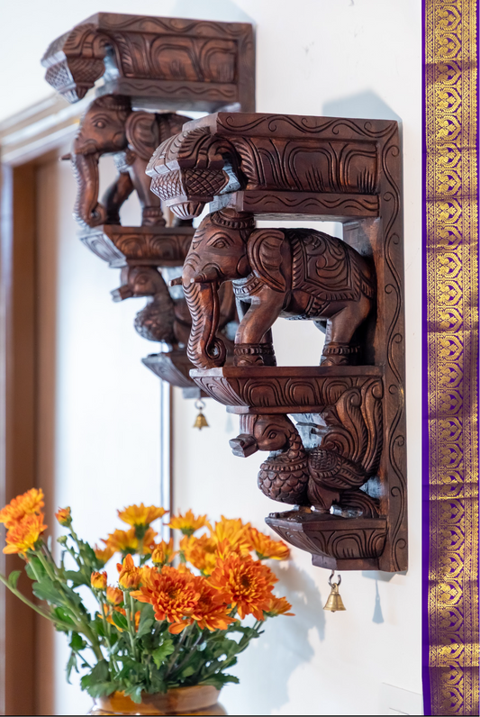 Hand Carved Elephant & Wall Bracket - Set of 2