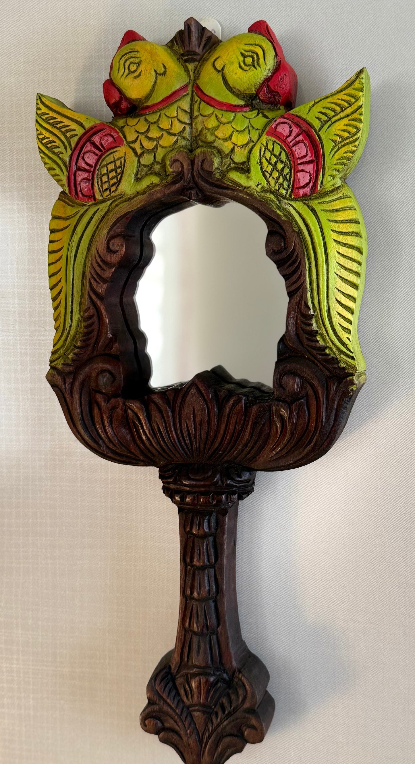 Chettinad Carving Hand Mirror  - Green Twin Parrots