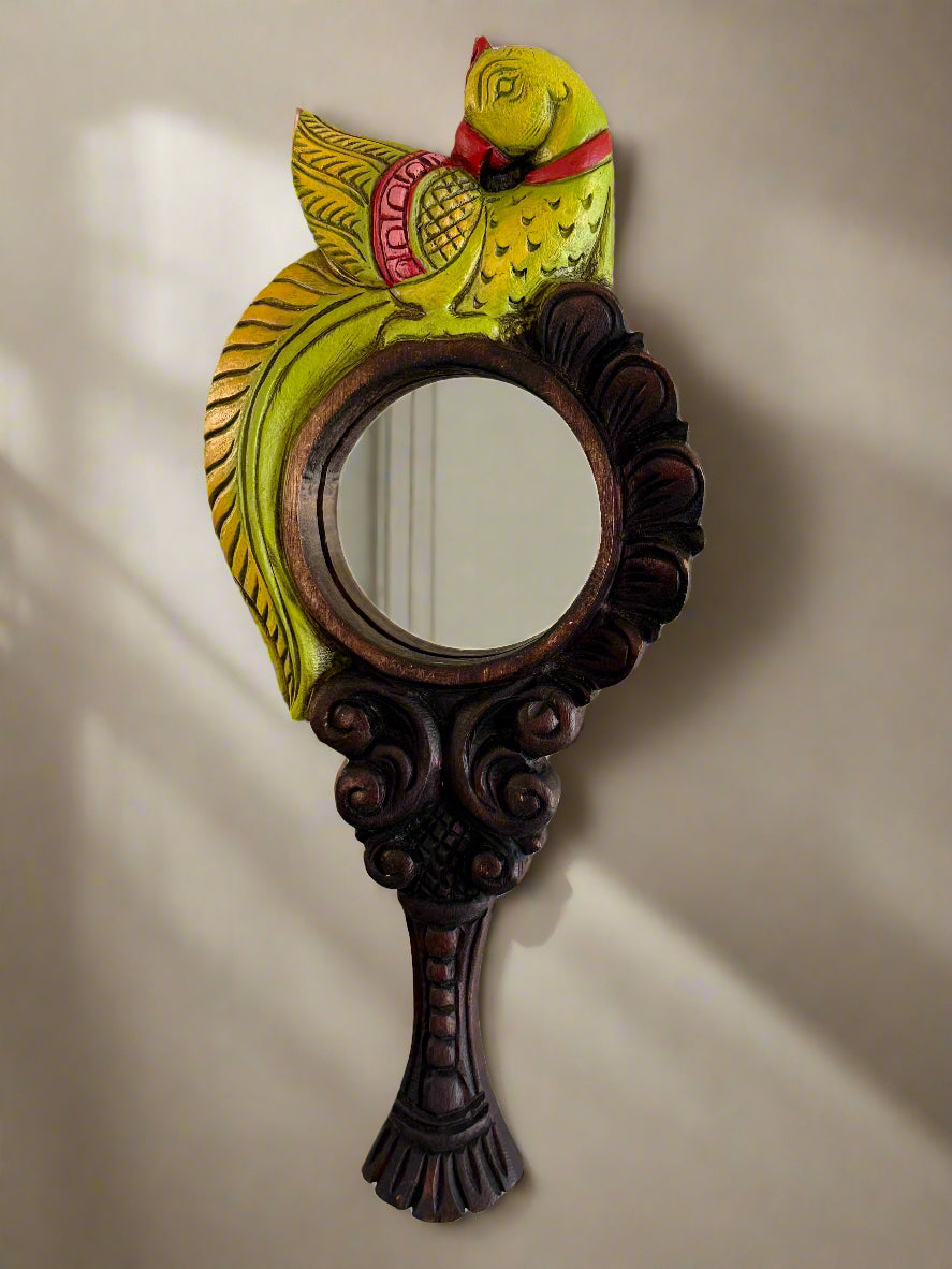 Chettinad Carving Hand Mirror  - Green Parrot